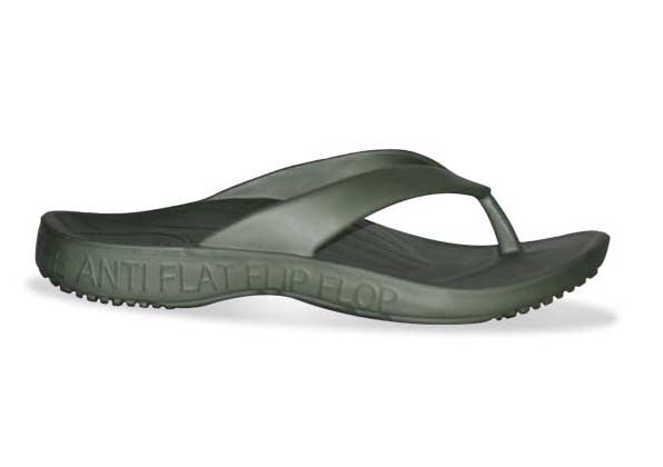 Green sandal with 'the Anti Flat flip Flop'