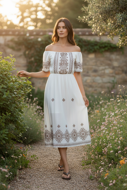 Woman in a white dress with embroidery standing in a garden.