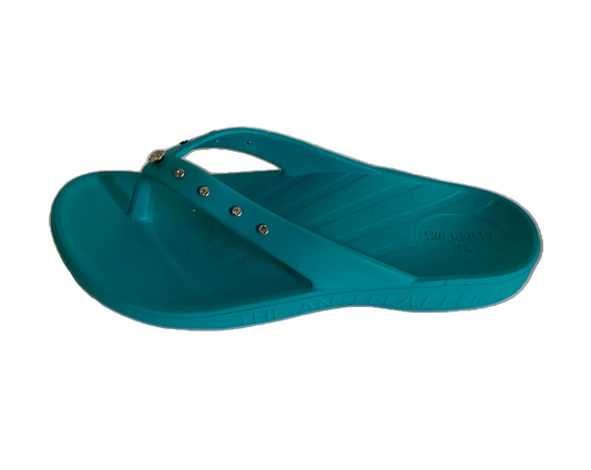 Teal fashion flopeds with rhinestone studs on starps