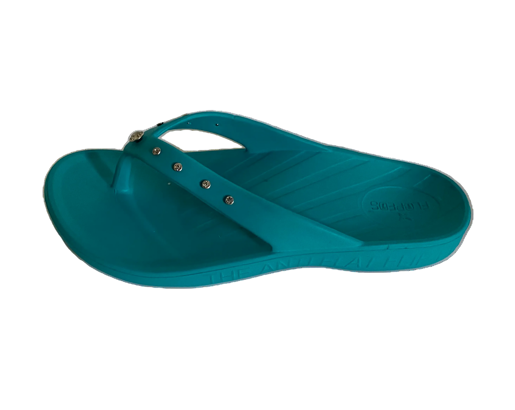 Teal  fashion flopeds with rhinestone studs on starps