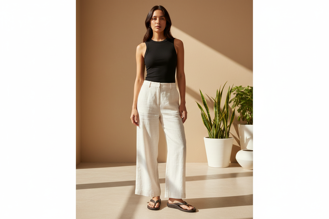 Woman wearing a black sleeveless top and white pants standing in a well-lit room with plants.