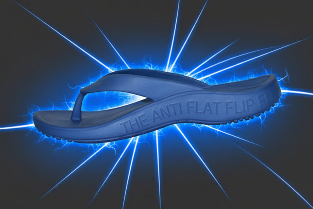 Blue flip-flop with 'The Anti Flat Flip Flop' text on a dark background