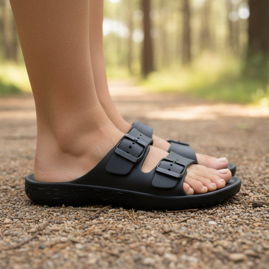 Alt="Flopeds T5 adjustable twin-strap slides with high-traction outsole and customized fit for wide feet."